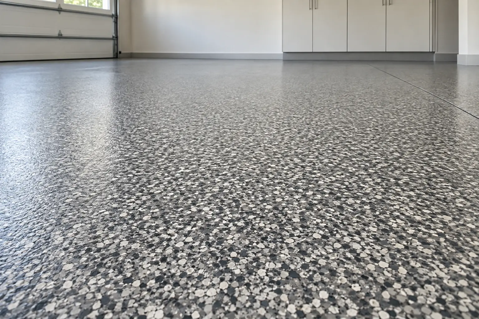 Illustrative charcoal, gray, and off-white polyaspartic flake garage floor