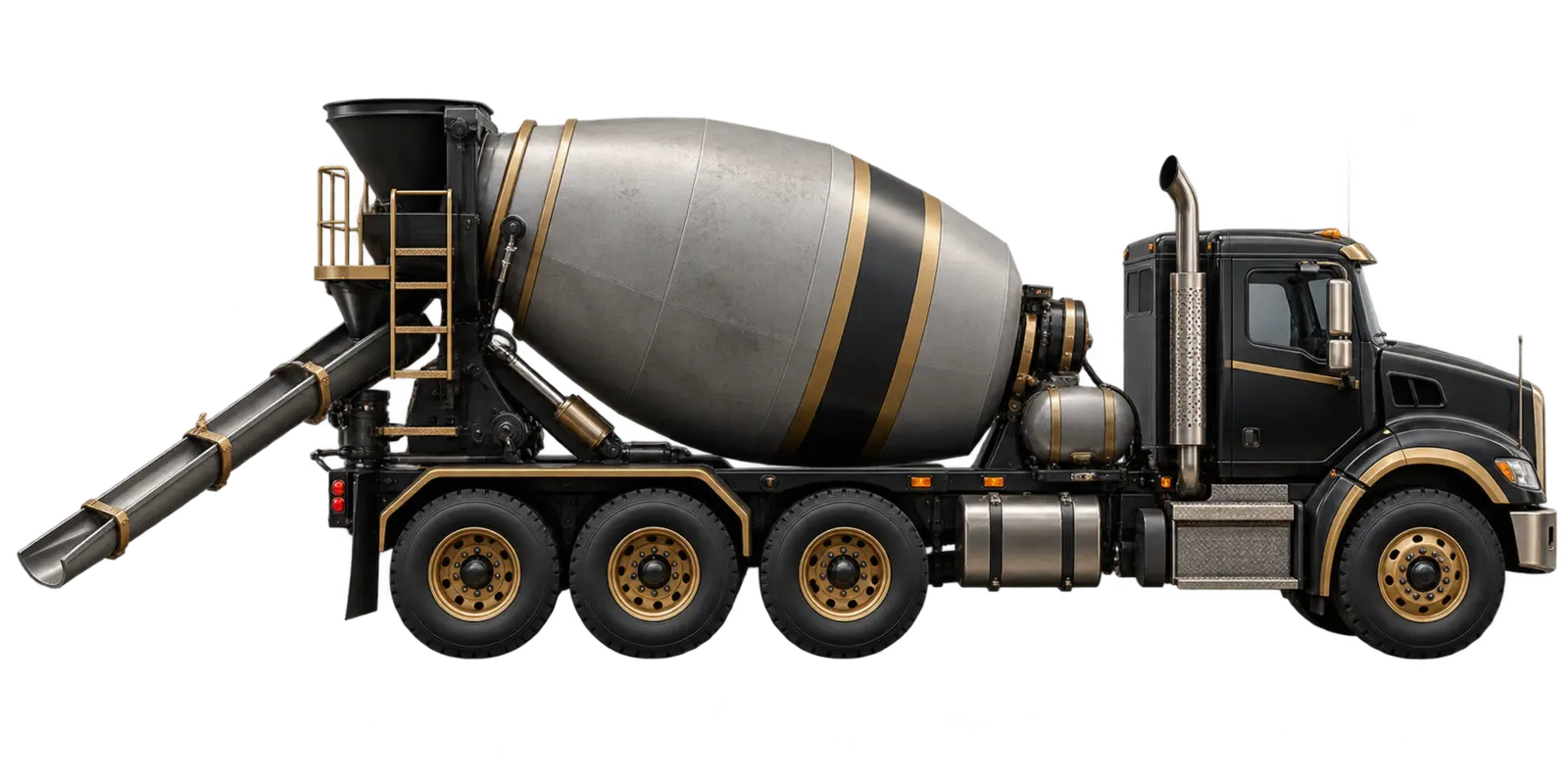 A black and gold concrete mixer truck with its pour chute extended